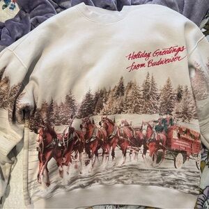 Abercrombie & Fitch Holiday Budweiser Crewneck Sweater - Cream and Red